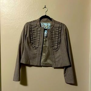 Tabitha Anthropologie Brown Wool Pleated Ruffle Cropped Button Up Blazer Coat 2